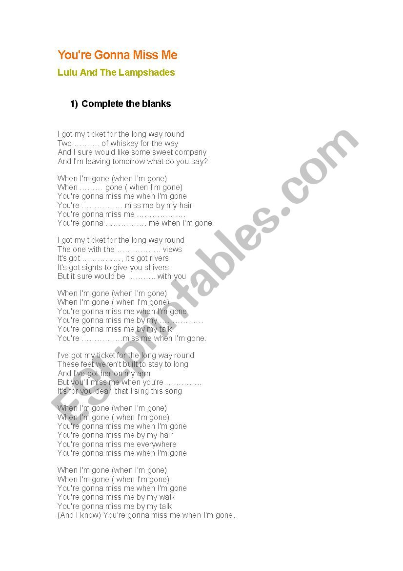 Song you`re gonna miss me worksheet